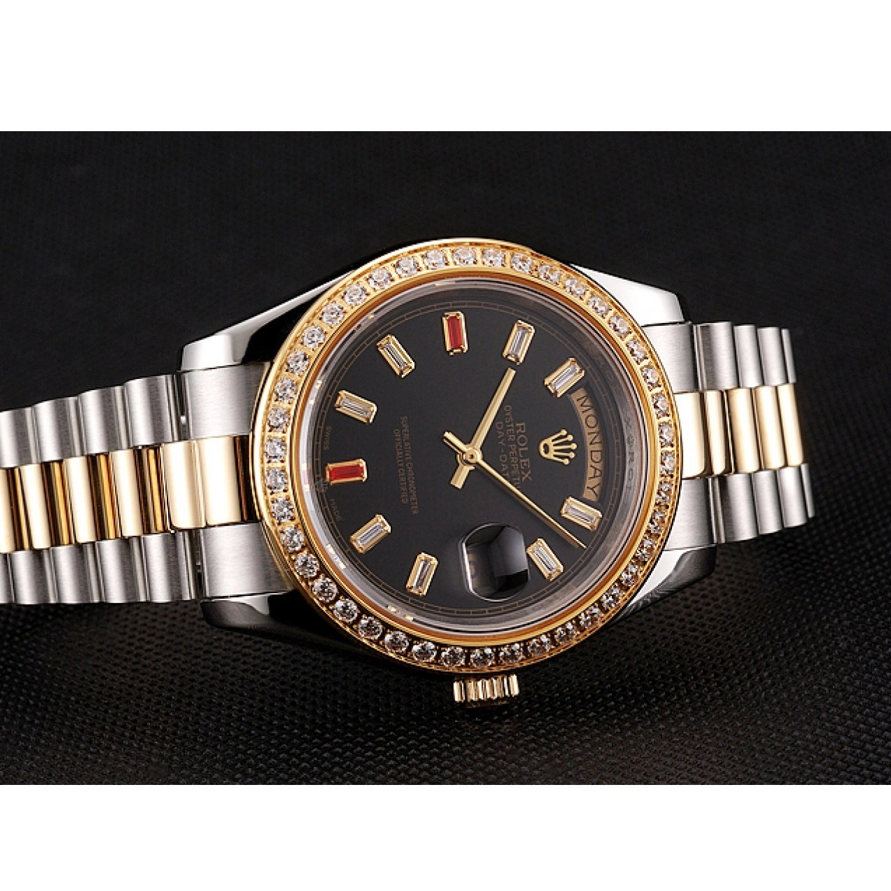 Aaa replica watch And 1454105 Two Bracelet Swiss Tone Rubies Dial Rolex Day-Date Diamonds Black 0814